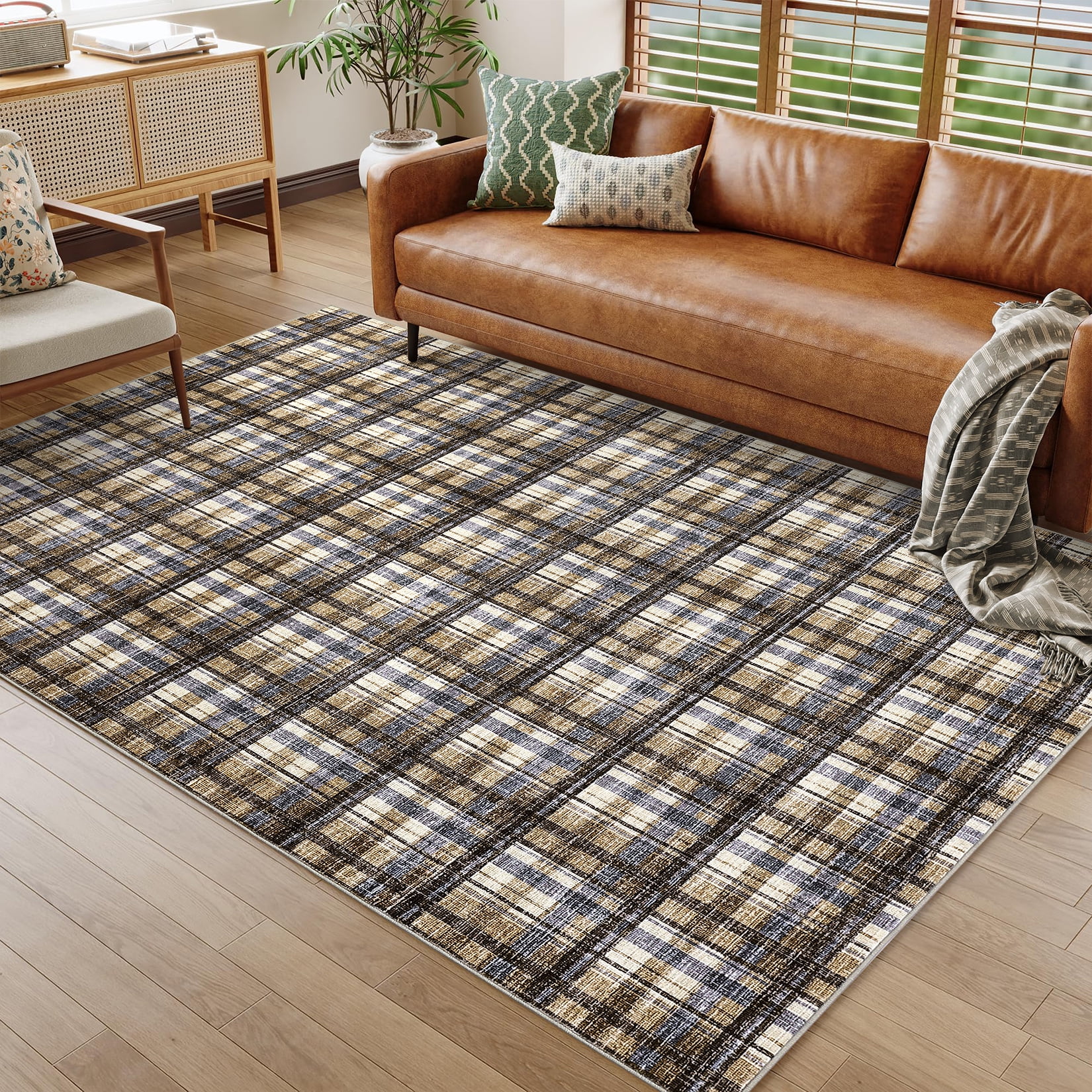 Garvee 10x13 Geometric Striped Area Rug Living Room Rug, Machine Washable Plaid Rugs With Non-Slip Backing Low Pile Stain Resistant Indoor Carpet for Bedroom Dining Room Home Office, Camel