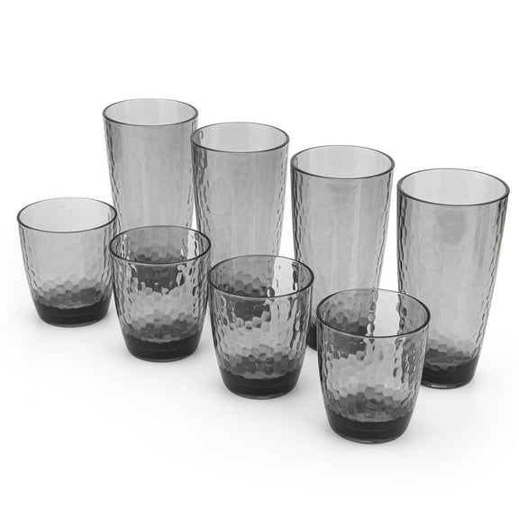 KX-Ware Hammered 15 Ounce and 26 Ounce Plastic Tumbler Acrylic Drinking Glasses,  Set of 8 Grey