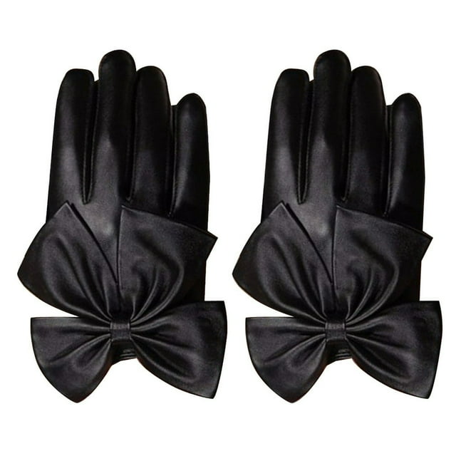 Motorcycle Women Rivets Bow Solid Color Faux Leather Gloves Full Finger Mittens