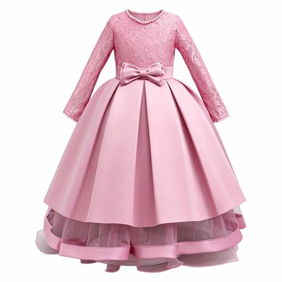 VBEWZET Toddler flower girl dress, long lace sleeve satin bow gown, kids formal flower girl dresses for wedding birthday party Pink 13-14 Years