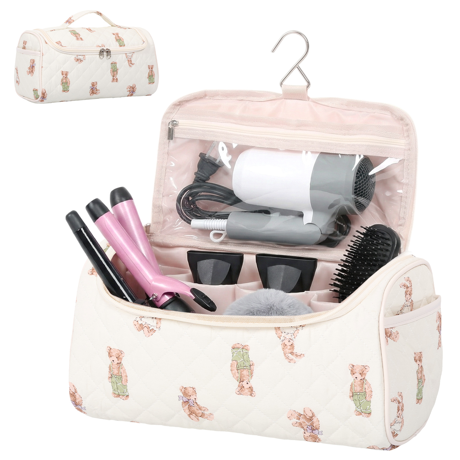 NUAHRHY Makeup Bag with Handle, Vertical Cosmetic Toiletry Bag, Cute Travel Essentials Case with Compartments, Hair Tool Dryer Organizer Bag with Hook