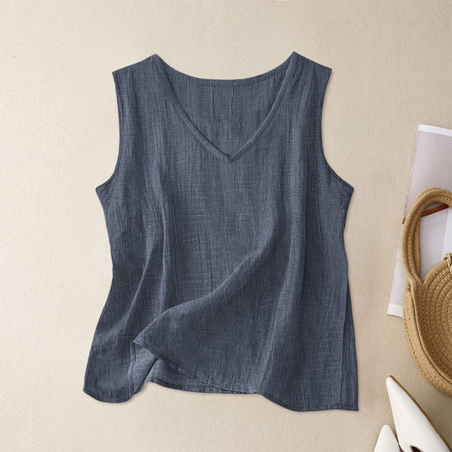 Craaazy Débardeur Femme Couleur Unie Style Lin Col Rond Sans Manches Fendu Côté Blouse Décontractée pour Cadeaux d'Été