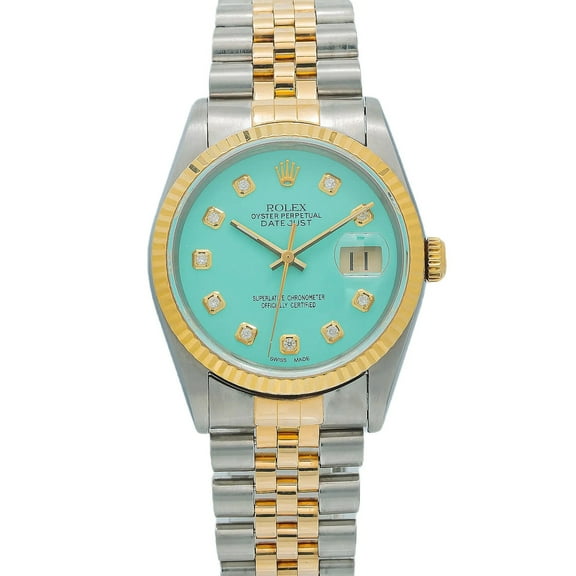 Pre-Owned Rolex Datejust 16233 36 mm Turquoise Diamond Dial Two-Tone Bracelet Men’s Watch