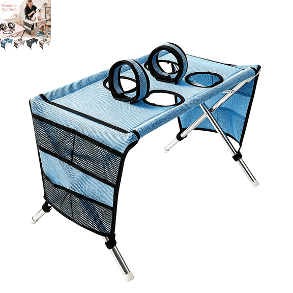 Foldable Pet Grooming Table, Portable Collapsible Dog Grooming Desk with Secure Restraint Loops, Indoor Home, Practical Pet Grooming Work Station Blue