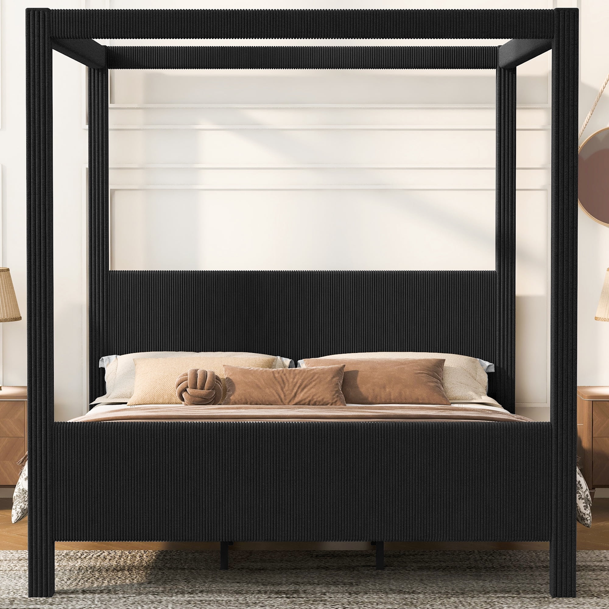 Euroco Upholstery King Size Canopy Platform Bed, No Box Spring Needed, Black
