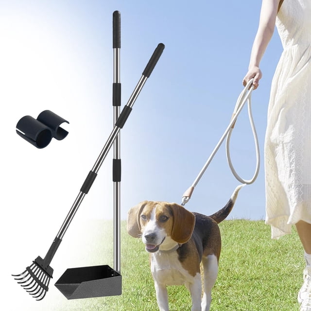 Recogedor de excrementos para perros con mango largo, recogedor de excrementos de acero inoxidable que no se dobla, para perros grandes, medianos y 2 piezas
