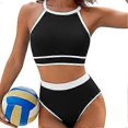 thumbnail image 1 of 2024 New European and American Women's Swimsuit High Waist Bikini Set Solid Color Sports Swimsuit Two-piece Swimsuit (Black) Size L, 1 of 5