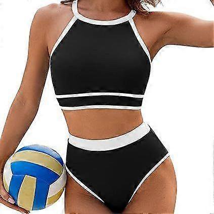 2024 New European and American Women's Swimsuit High Waist Bikini Set Solid Color Sports Swimsuit Two-piece Swimsuit (Black) Size L