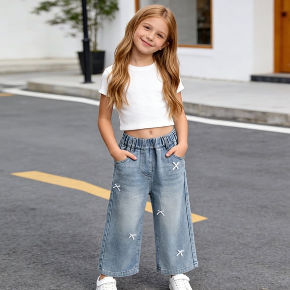 Eltusu Girls Jeans, Elastic Waistband Loose Fit Casual Straight Leg Denim Pants with Pockets Blue Size 4-5 T