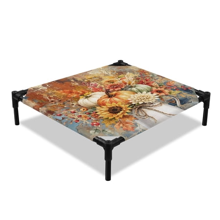 Thanksgiving Fall Elevated Dog Bed Rustic Orange Pumpkin Pitcher Oil Painting Cooling Breathable Outdoor Raised Dog Cot Bed with Metal Frame Non-Slip Feet for Small Dog 20x20in