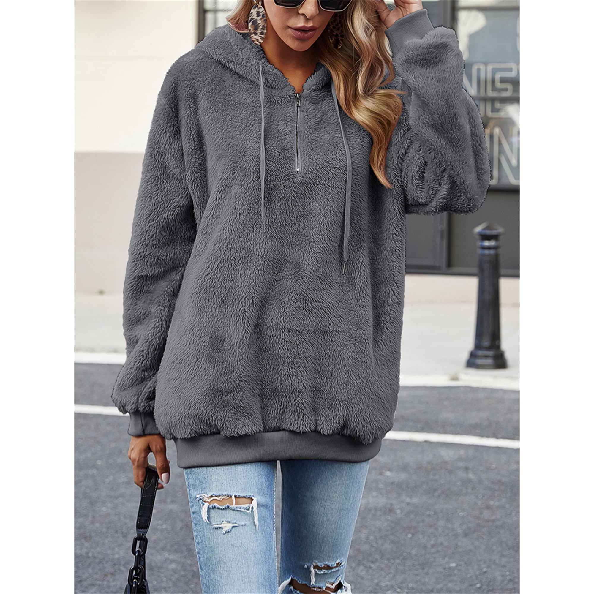 LOMON Womens Oversized Sherpa Pullover Hoodie with Pockets Fuzzy Fleece Sweatshirt Fluffy Coat