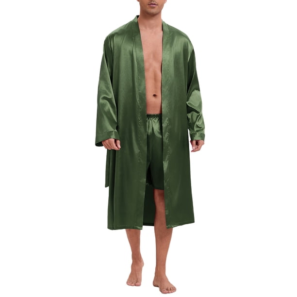Bata de satén INSPIRE CHIC para hombres, pijama de manga larga, bata de ba?o, ropa de dormir con conjunto de pantalones cortos S verde