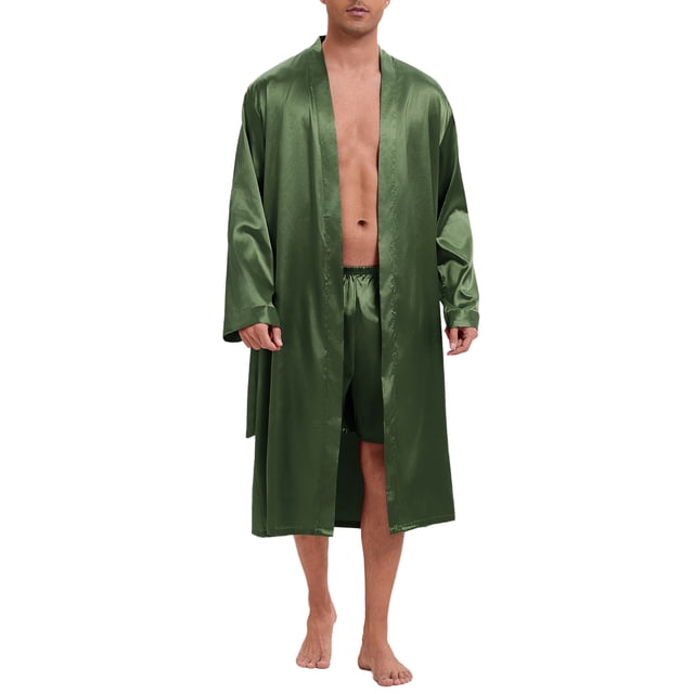 Bata de satén INSPIRE CHIC para hombres, pijama de manga larga, bata de ba?o, ropa de dormir con conjunto de pantalones cortos S verde