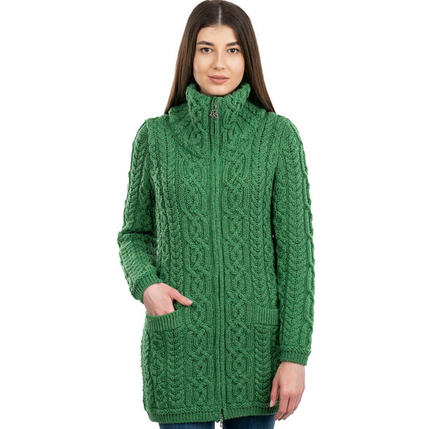 SAOL 100% Merino Wool Women's Aran Zip Cardigan Sweater Irish Cable Knit  Outdoor Long Coat Jacket with Pockets - Walmart.com