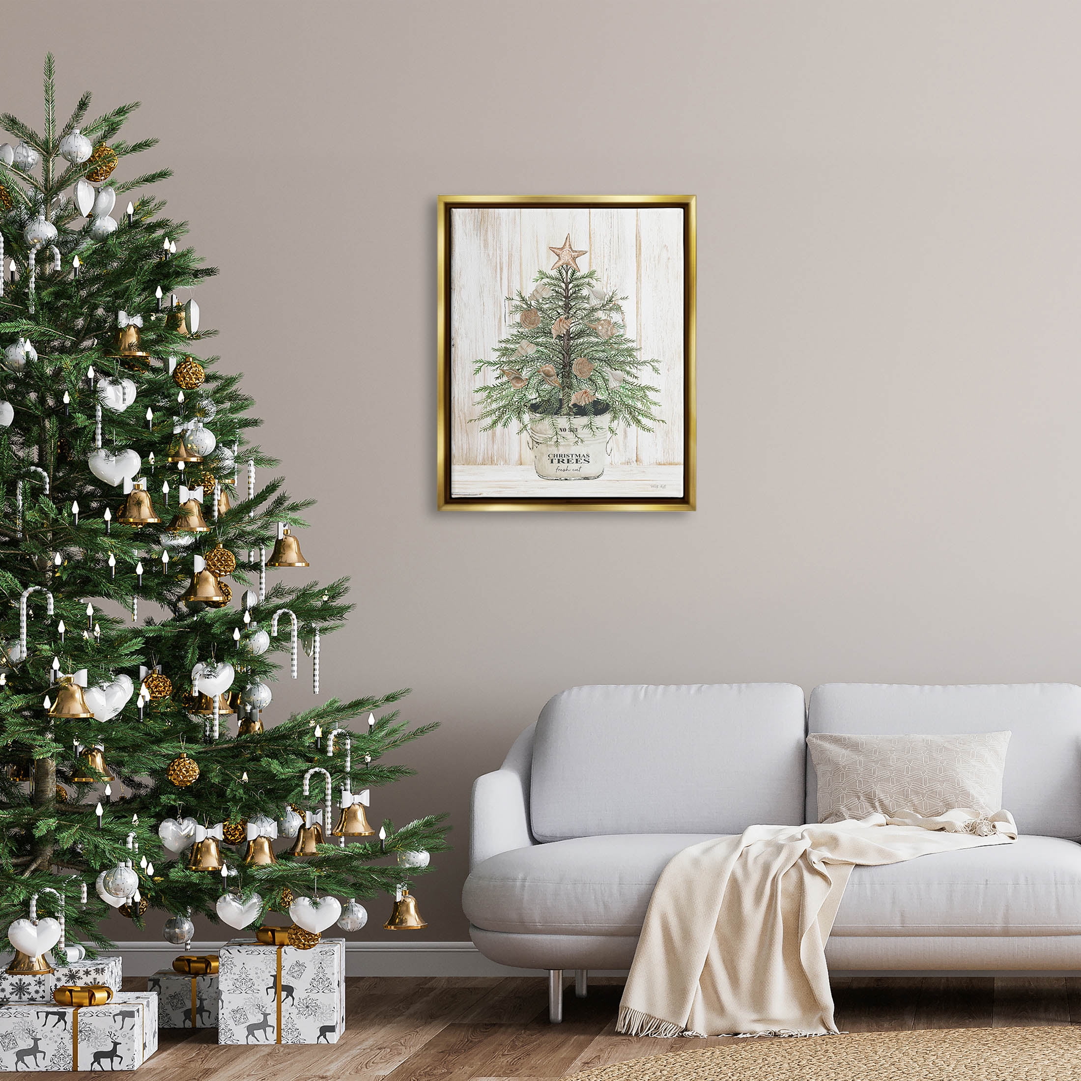 Rustic Seashell Christmas Tree Holiday Graphic Art Metallic Gold Framed Art Print Wall Art