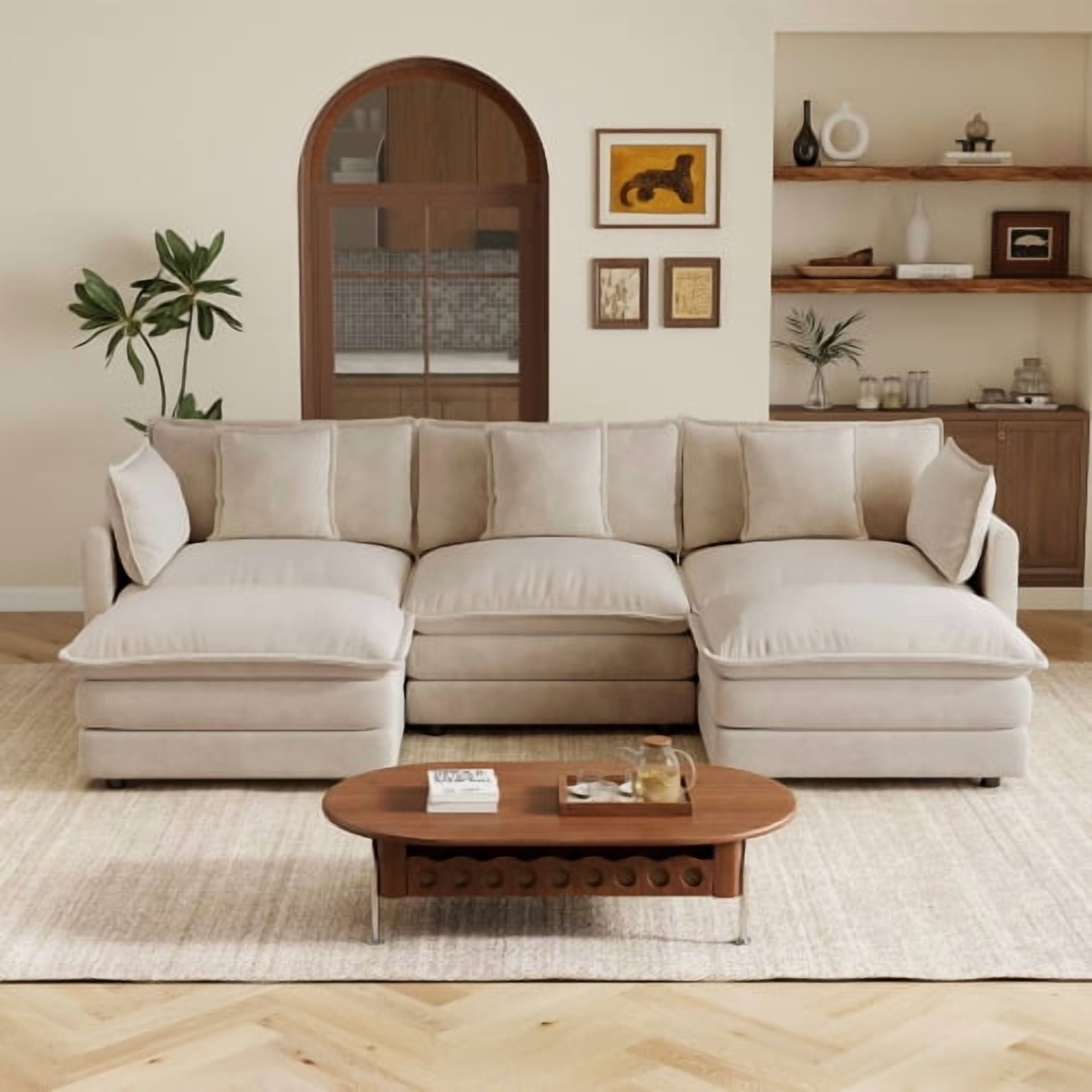 103.8" Chenille U-Shaped Sectional Sofa with Reversible Ottoman, 3-Seater Modular Couch with 2 Ottomans, Light coffee