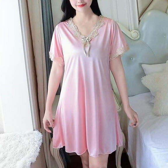 Weiqiqre Sleepwear for Women Satin Nightgown Summer Soft Lace Short Sleeve V Neck Sleep Shirt Sleepwear