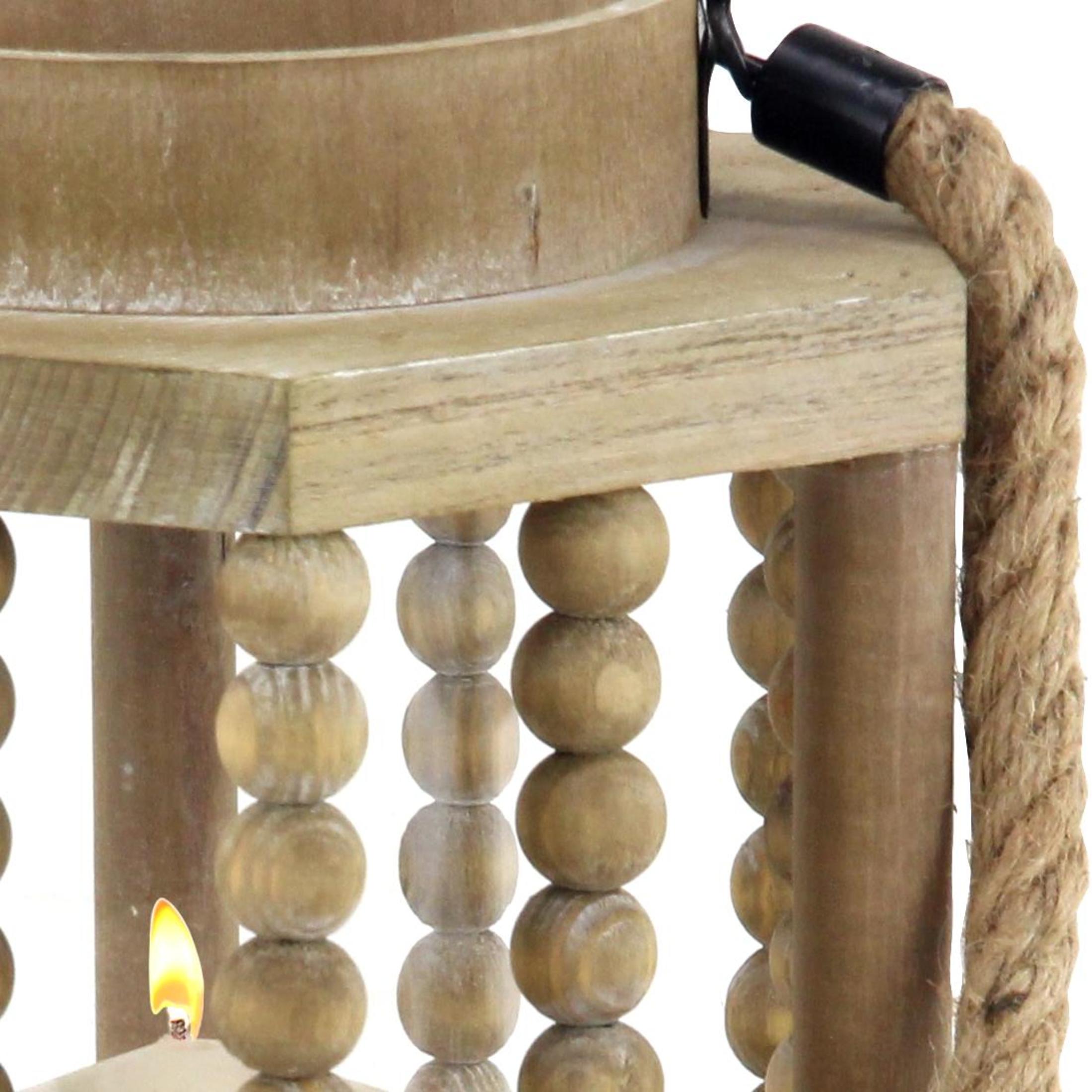 DecMode Beige Reclaimed Wood Beaded Decorative Candle Lantern