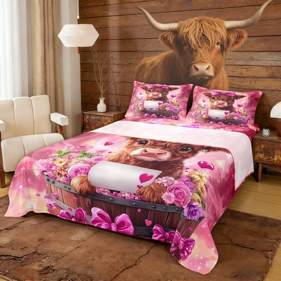 Erosebridal Kawaii Highland Cow Full Size Sheets for Girls, Pink Flower Bowknot Bed Sheets, 4pcs (1 Flat Sheet, 1 Fitted Sheet and 2 Pillowcases)