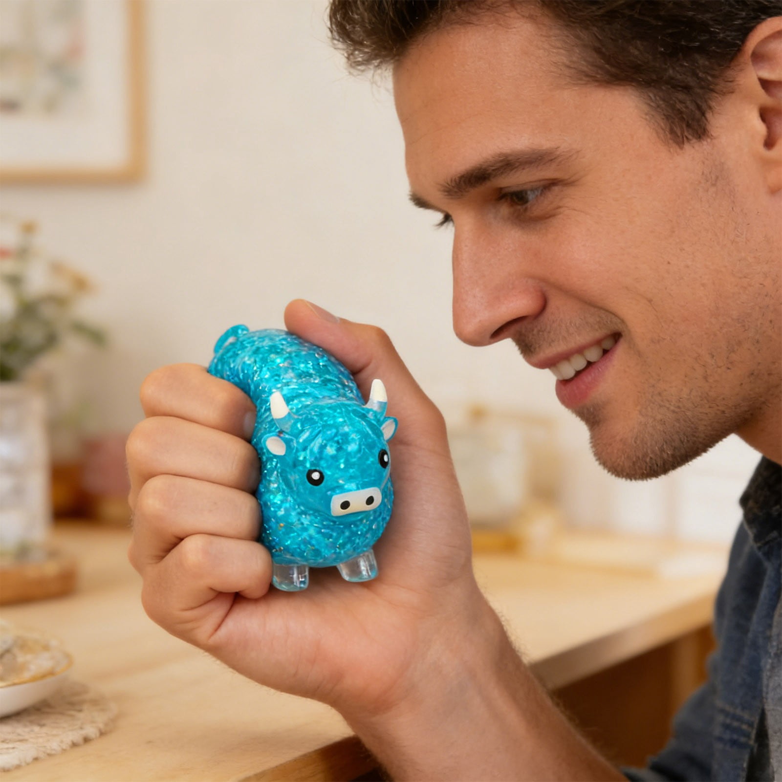 Glitter Stress Relief Hippo Squeeze, Cute Malt Sugar Filled Hippo Squeeze Sensory Fidget, for Adults Anxiety Relief Birthday Party Favors Gift Sugar Ball (Blue)