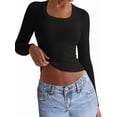 thumbnail image 2 of Womens Long Sleeve Shirts Square Neck Tops Ribbed Knit Teen Girls Crop Tops Fall Fashion Clothes Black S, 2 of 8