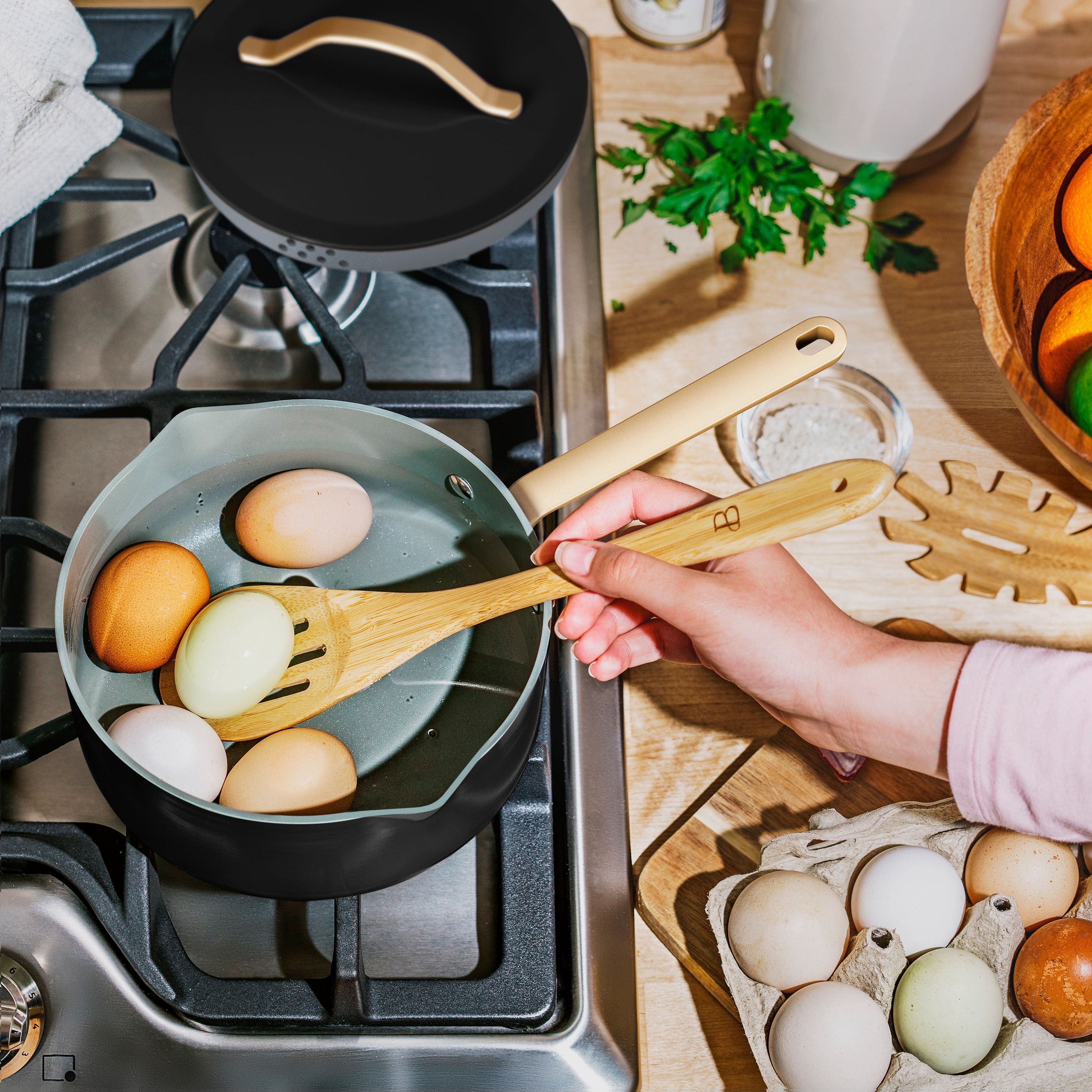 Beautiful 18-Piece Ceramic Nonstick Cookware Set, Pots & Pans with Strainer Lids & Kitchen Utensils, Black Sesame by Drew Barrymore
