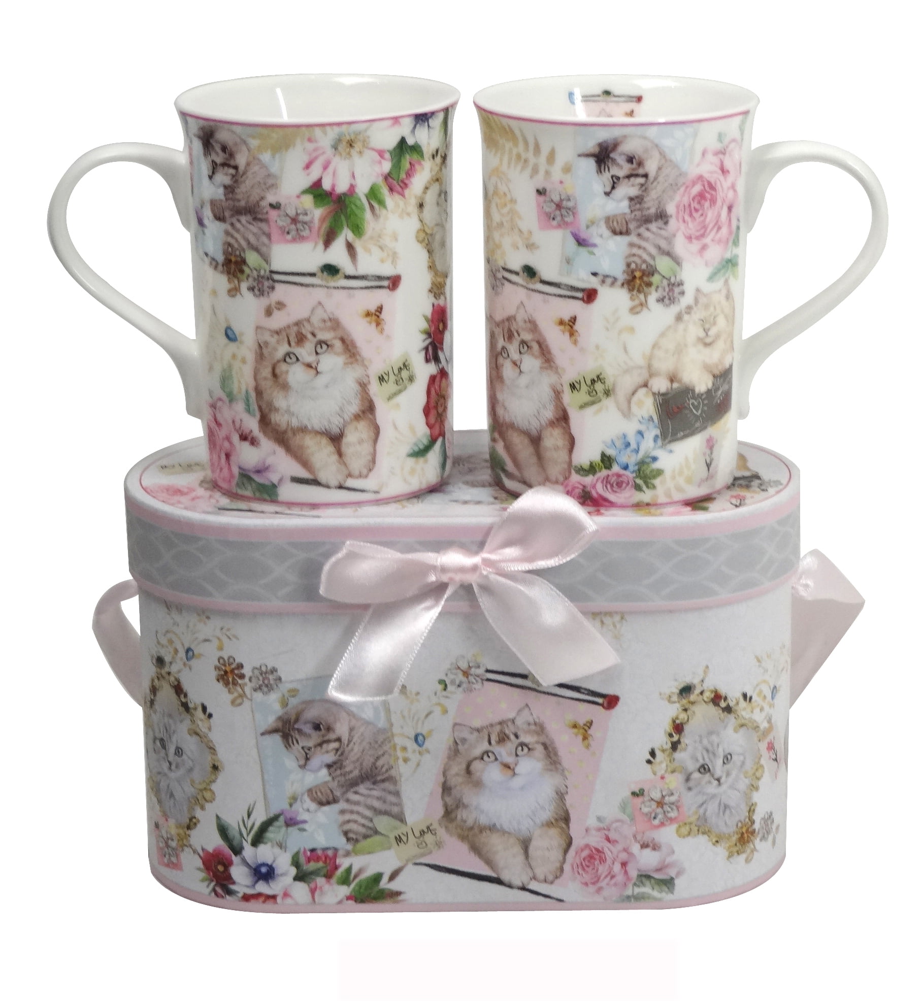 Lightahead Elegant Bone China Two 11.2 oz Mugs in Cat, Kitten Design by Lightahead®