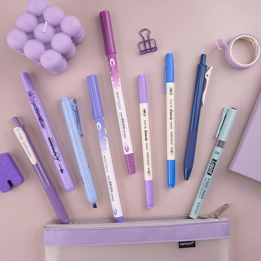 WRITECH Journaling Kit, Gel Ink Pens/Retractable Highlighters/Dual Tip Brush Pens/Fineliner Pens, Smooth Writing Assorted Colors Journaling Supplies, 9 Count with Pen Bag (Haze blue & purple)