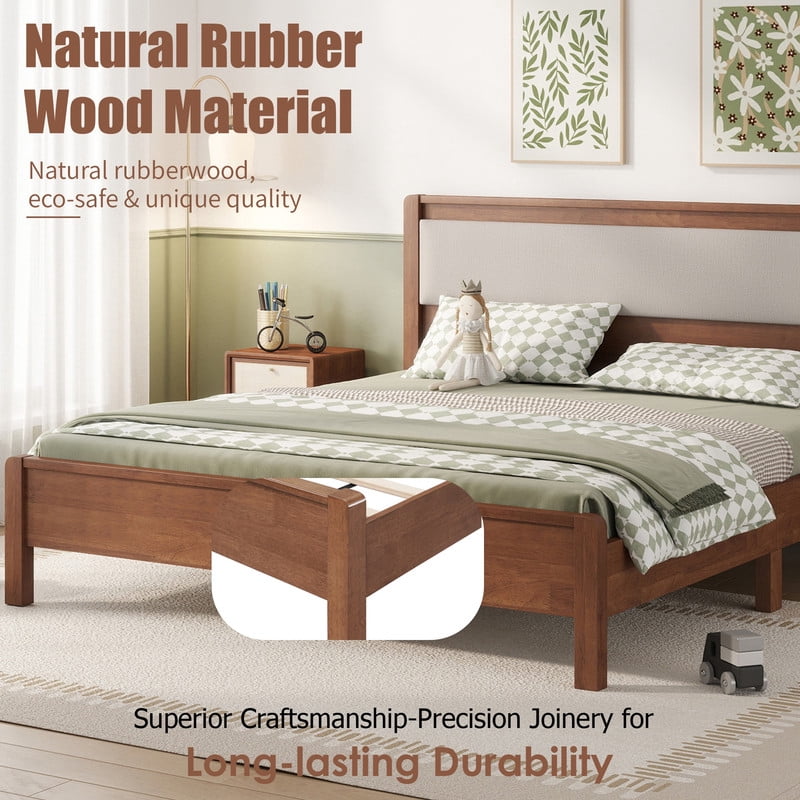 Queen Size Wooden Bed Frame with Upholstered Headboard, Low Profile Platform Bed with Central Support Legs