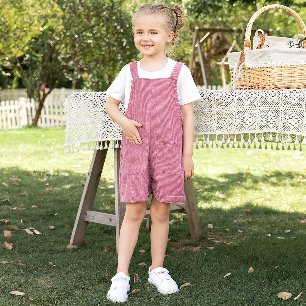 FYMNSI Mommy and Me Short Jumpsuits Matching Outfits Women Casual Sleeveless Loose Rompers Girls Bowknot Tie Straps Overalls with Pockets Pink Corduroy (Baby Girl 9-12M)