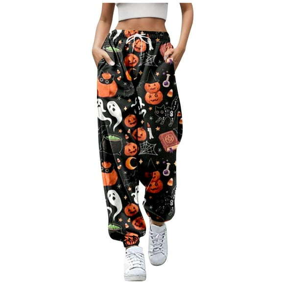 Bmisegm Stylish Women's Casual Pants with Halloween Cartoon Print for Everyday Wear Orange M