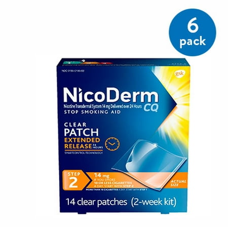 (6 Pack) NicoDerm CQ Nicotine Patch, Clear, Step 2 to Quit Smoking, 14mg, 14