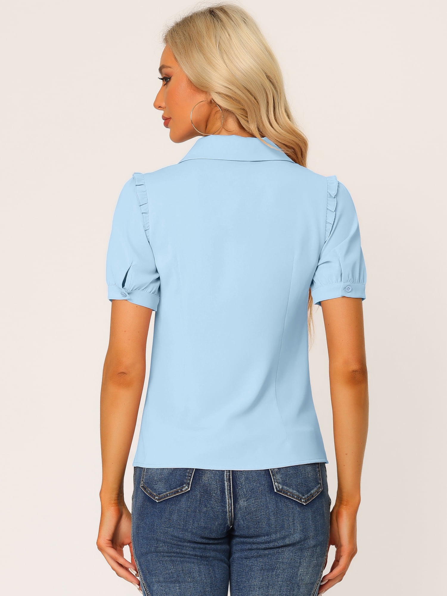 DARING DIVA Women's Peter Pan Collar Short Sleeve Button Front Shirts XS Light Blue