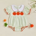 thumbnail image 2 of LIIPEE Girls Onesie Halloween Cartoon Pumpkin Embroidery Puff Sleeve Peter Pan Collar Striped Bodysuit Handsome School One-Pieces,Green,0-3 Months, 2 of 6