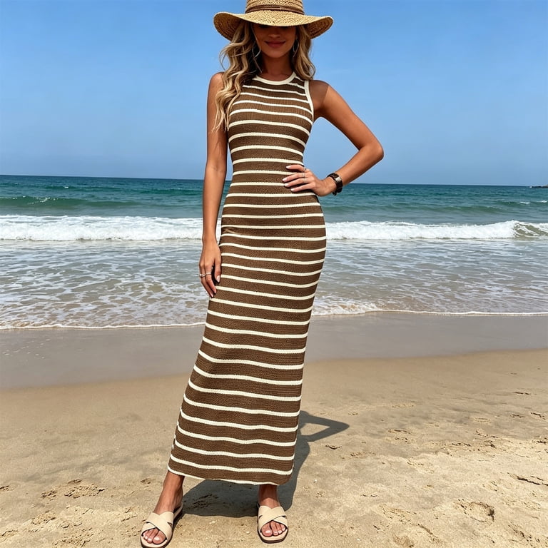 Womens Bodycon Maxi Dress Casual Summer Sundresses Split Crewneck Striped Knits Long Dresses