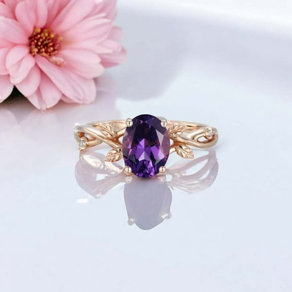 SHREENATHJEWELRY 8x6MM / 1.5CT Purple Amethyst Engagement Ring CZ Diamond Leaf Twig Ring Nature Inspired Women Jewelry Happy Holiday Gift For Her