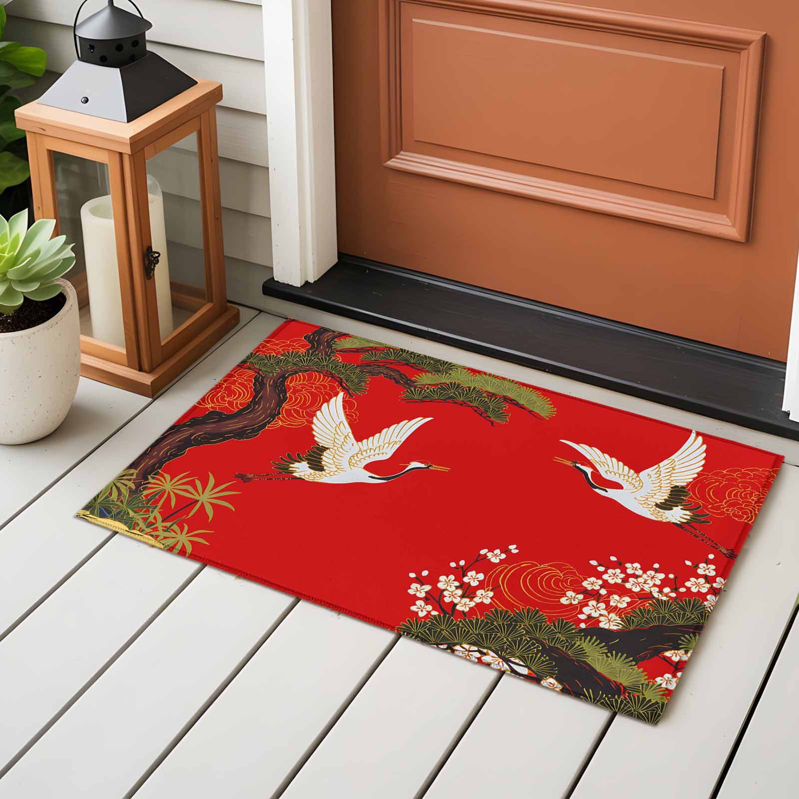 Area Rug 2x3ft, Retro Crane Pine Flower on Red Washable Rugs for Living Room Bedroom, Asian Chinese Pastoral Scenic Soft Non-slip Area Rugs Rectangle Floor Carpet for Dining Room