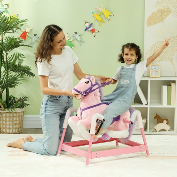 Qaba Spring Rocking Horse, Kids Ride on Horse, Plush Horse Ride-on with Sounds, Foot Stirrups, Saddle & Reins, Pink