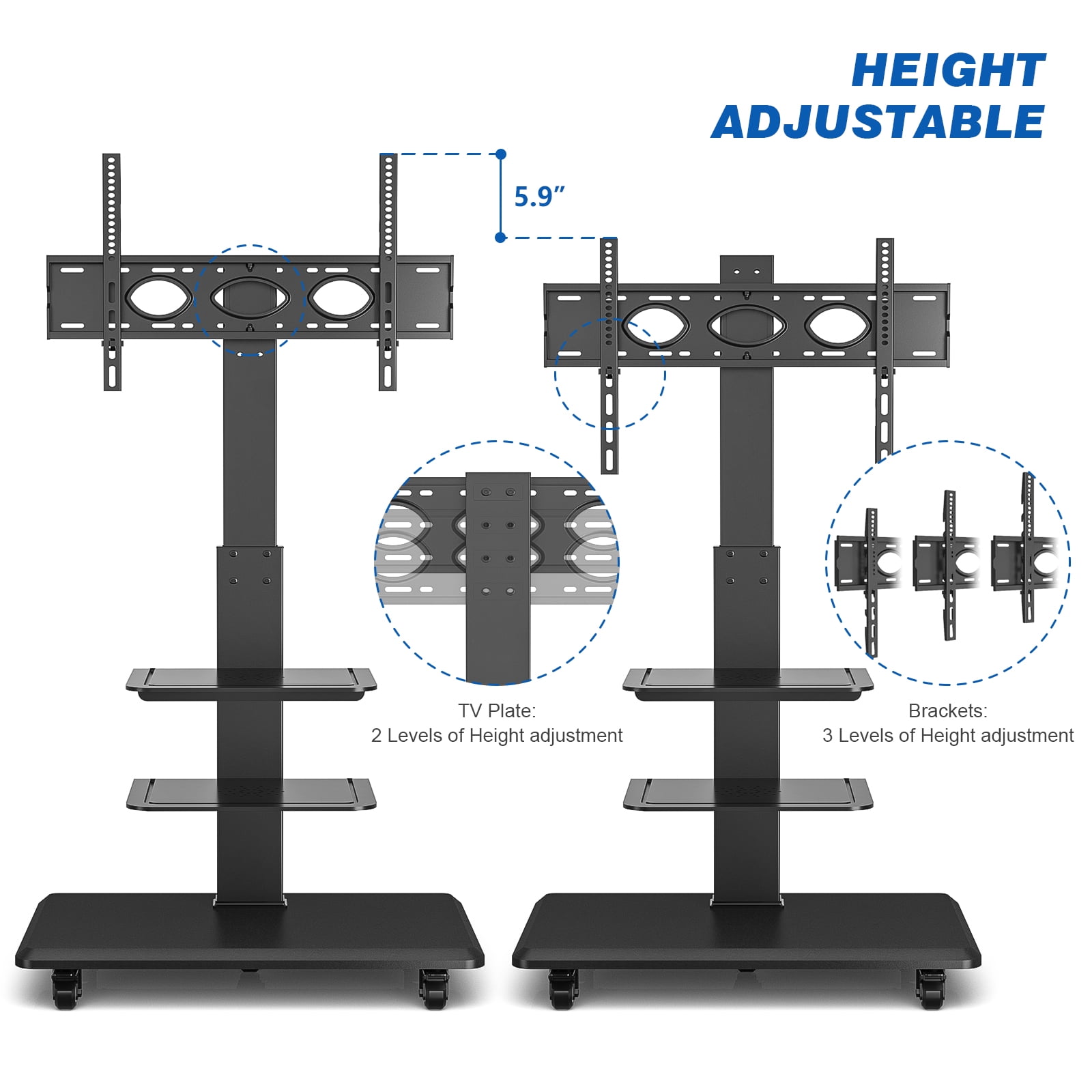 RTVR Modern Rolling TV Stand for Flat Screens up to 85 inch, 3 Shelves Mobile Swivel Tall TV Cart Home Office, Black
