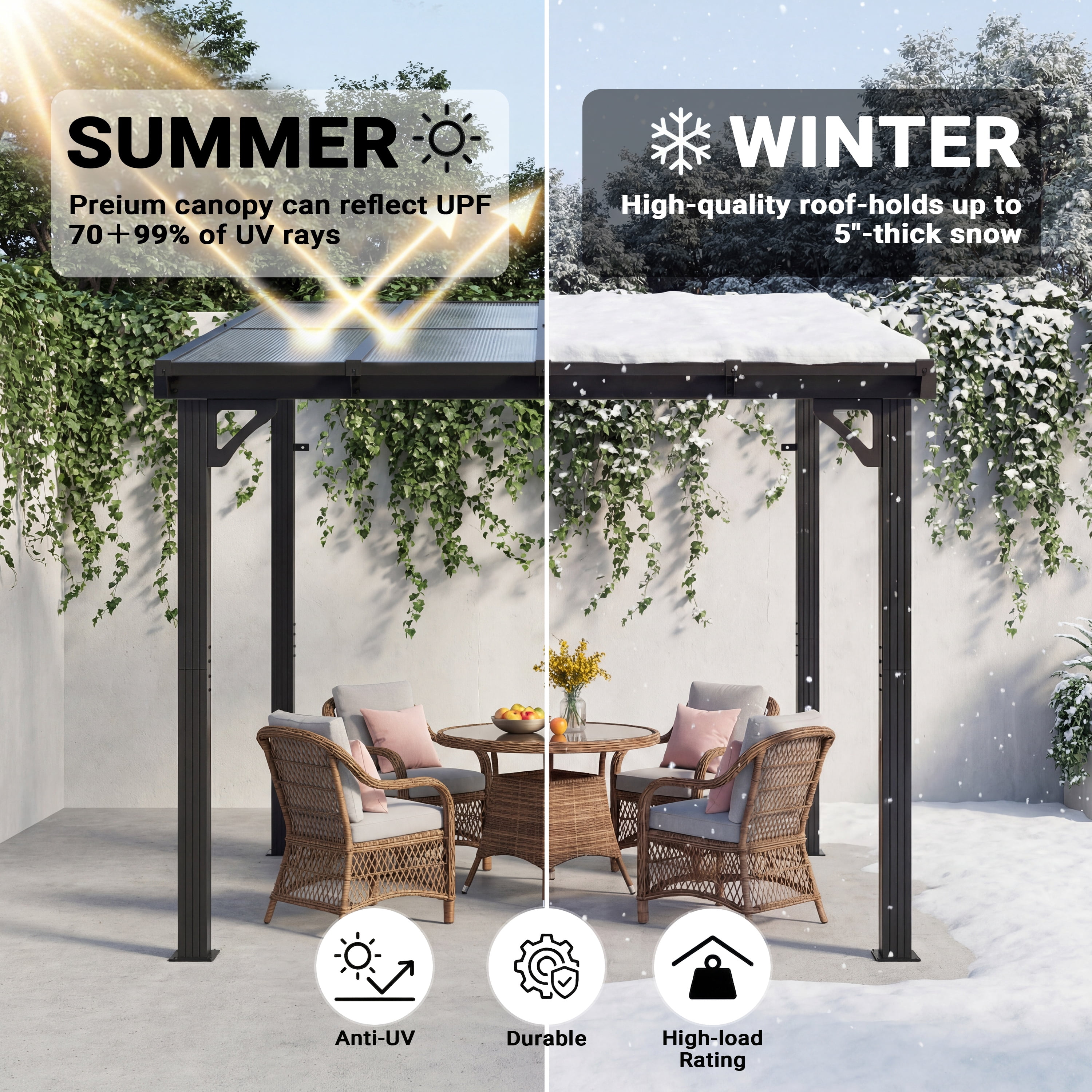 MUCHANT 10x8 ft Wall Mounted Gazebo, Hardtop Lean to Pergola with Polycarbonate Roof, Outdoor Patio Cover for Shade and Rain for Patios, Decks, Backyard