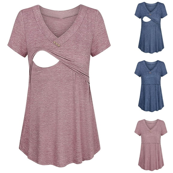 Olyvenn Womens V Neck Short Sleeve Nursing Tops Maternity Breastfeeding Shirts Comfy Soft Tunics Pregnancy Clothes Pink 6