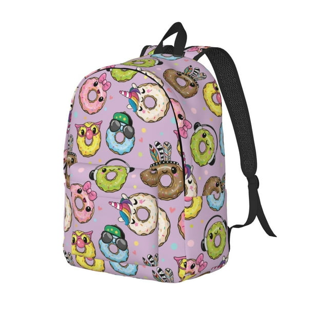 Disketp Cute Donuts print Canvas Backpack Lightweight Travel Daypack Student Rucksack Laptop Backpack-