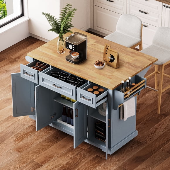 DAJU 54inch Large Kitchen Island with Rubber Wood Drop Leaf,Embossed Texture Rolling Kitchen Cart on 4 Wheels with 4 Doors and 3 Drawers,Kitchen Island with Storage for Kitchen,Dining Room,Grey Blue