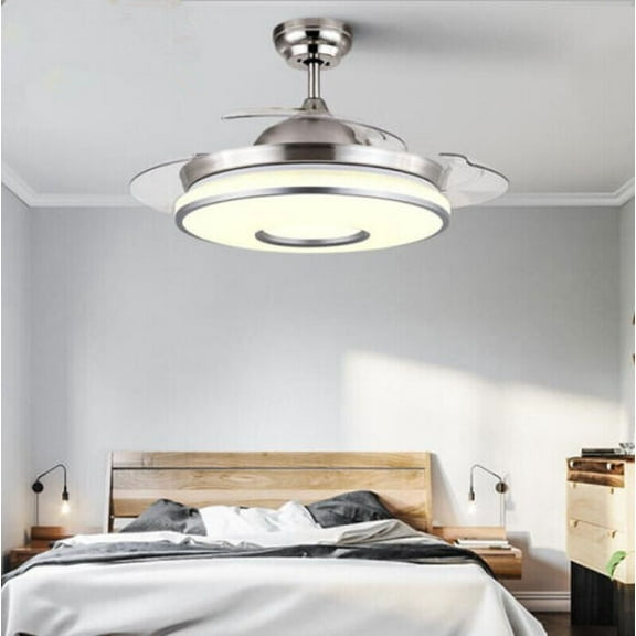 AFANQI 42" Invisible Ceiling Fan Chandelier 4 Retractable ABS Blades for Bedroom Living Dining Room Decoration