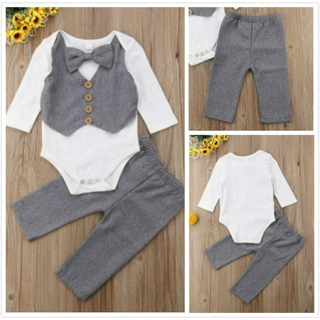 

Kids Baby Boys Long Sleeve Bow Tie Tops Romper Bodysuit +Long Pants Gentleman Suit
