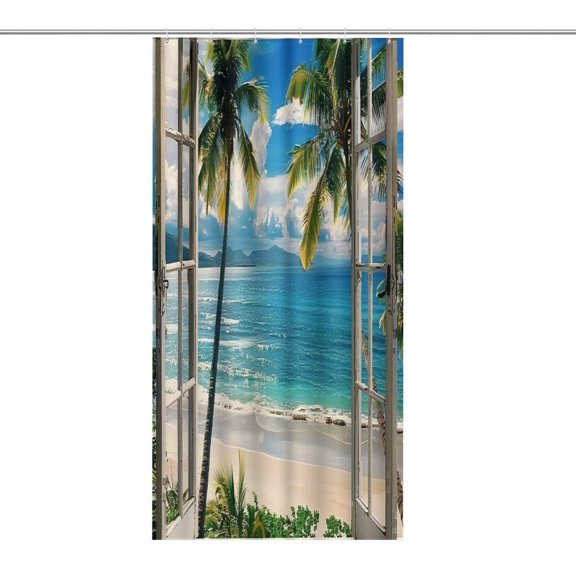 RKSupls Waterproof Shower Curtain, Palm Beach Window View Polyester Shower Curtain with Hooks for Chic Elegant Home Bathtub Bathroom Decor Washable
