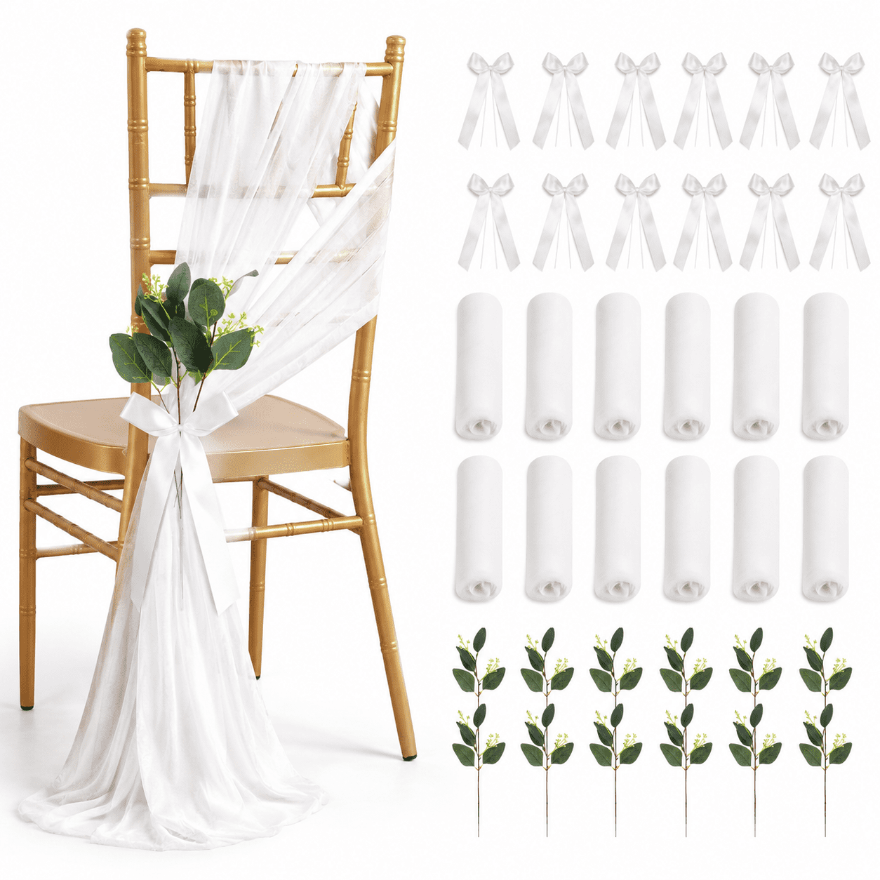 24-Piece Elegant White Wedding Chair Decoration Set with Eucalyptus Branches