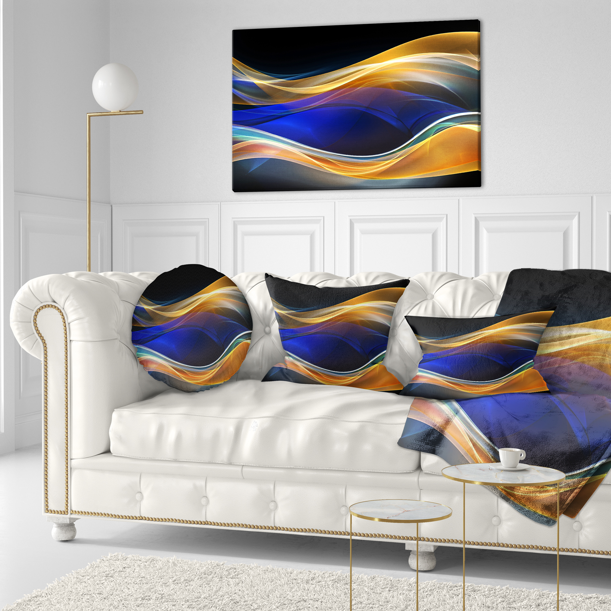Designart 3D Gold Blue Wave Design - Abstract Throw Pillow - 12x20