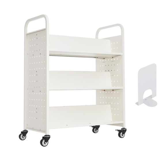 Heavy-Duty Rolling Book Cart with Locking Wheels, 330 lb Capacity Mobile Library Cart, Double-Sided W-Shelves for Office, School, and Home Use, White