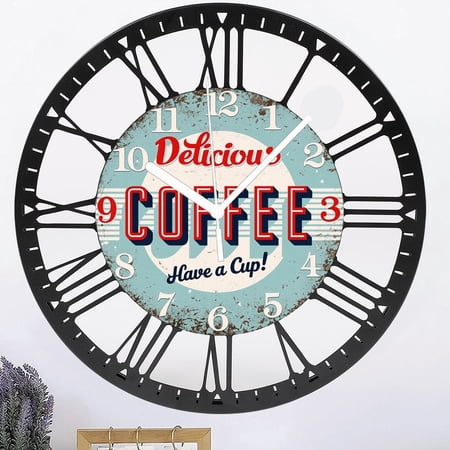 Iron Rustic Kitchen Wall Clock 10 Inch Blue Iron Wall Clocks Silent Non-Ticking Battery Operated Retro Round Clocks for Cafes Bar Farmhouse Office Style 10×10inch(25×25cm)